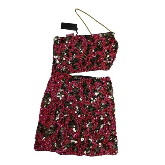 NWT h:ours Sybila Mini Dress Fuchsia Pink Gold Sequin Cut Out One Shoulder - Picture 4 of 5